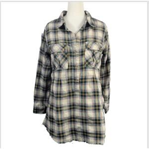 NSF Plaid Flannel Popover Shirt 1/2 button Raw Hem Size Small